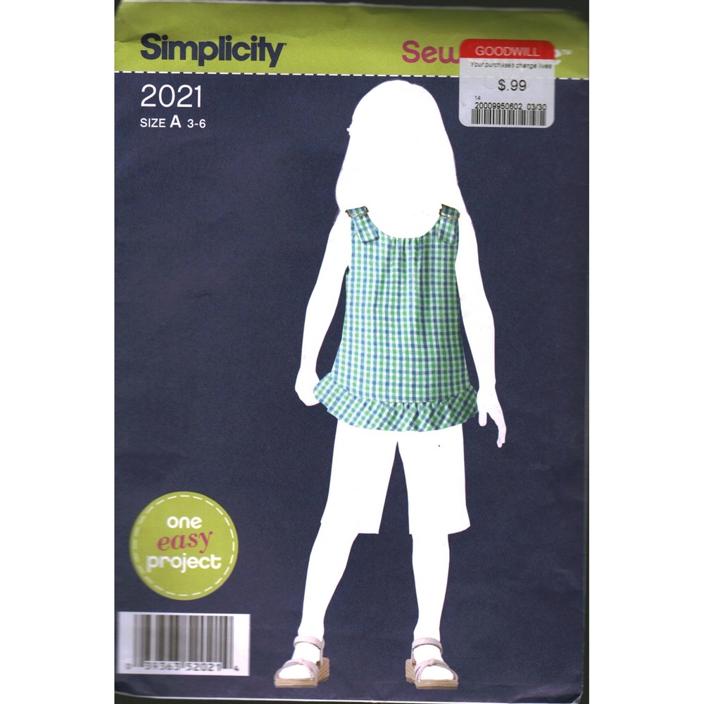 Simplicity 2021‎ Sewing Pattern Kids Tunic Top Ruffle Hem D-Ring Sizes 3-6 cut